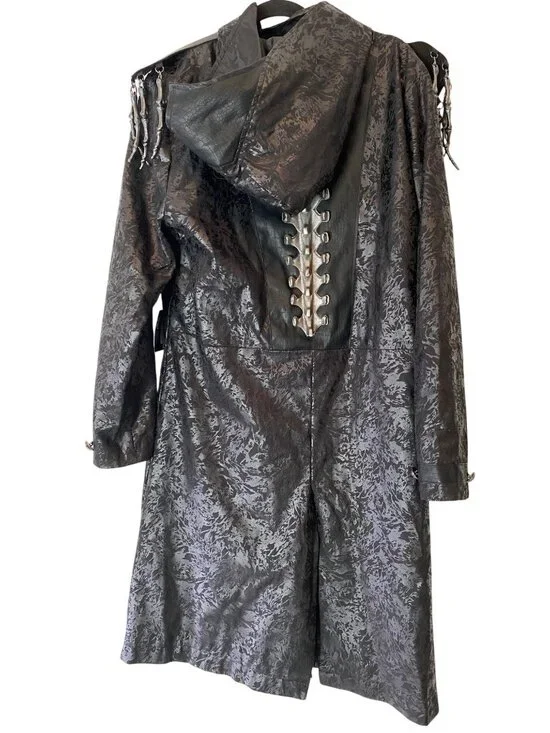 Spirit Halloween Black Costume Coat w/ Hood Skeleton Royalty Chains Bones Large - Picture 2 of 13